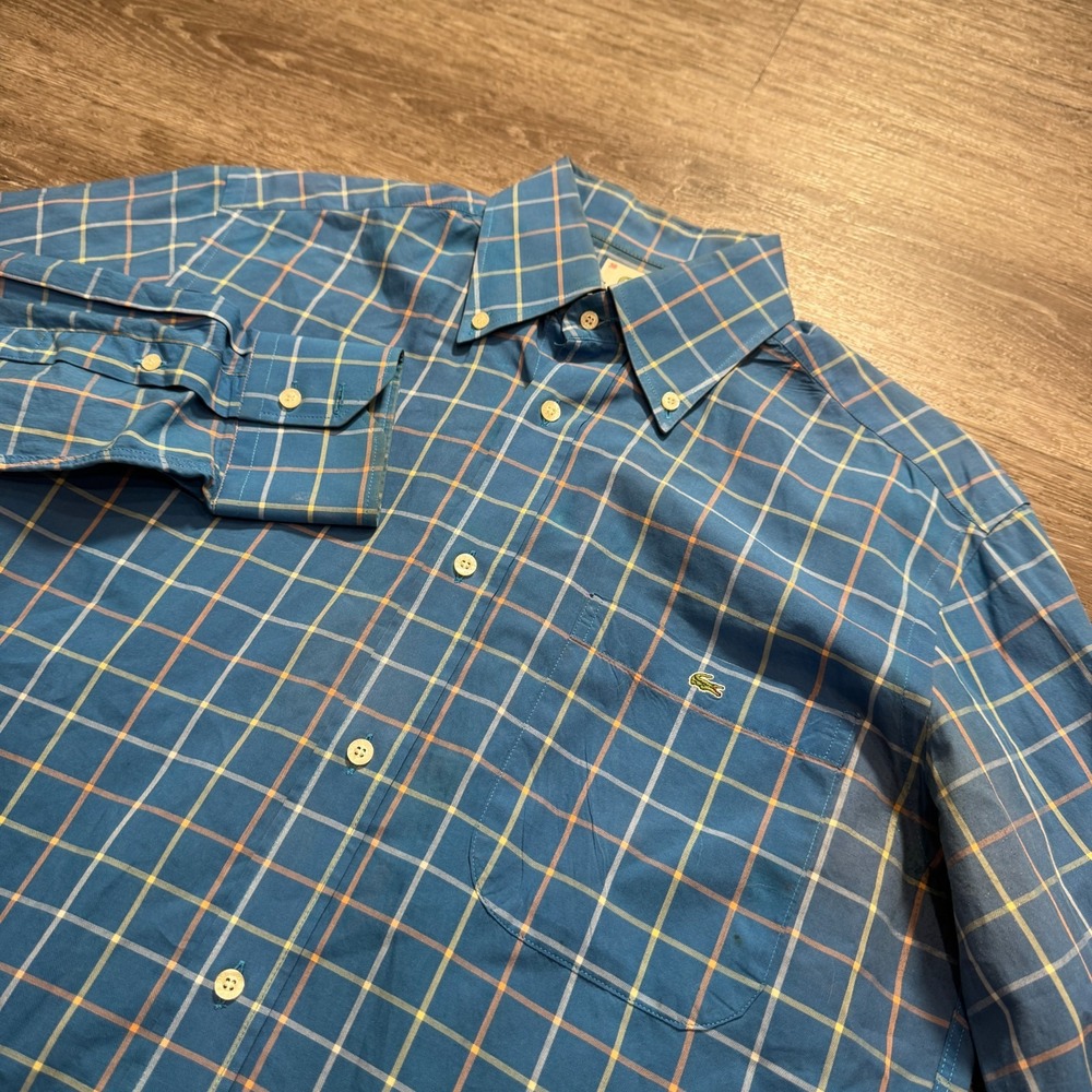 Lacoste Shirt Mens 38 Blue Windowpane Check Button Down Crocodile Logo Casual